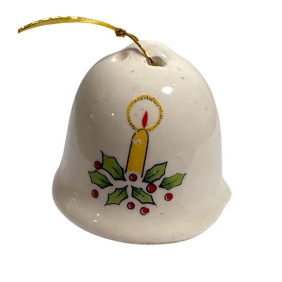 Ceramic Christmas Bell Ornament Miniature Candle & Holly Vintage 1.75" Tall - Picture 1 of 6